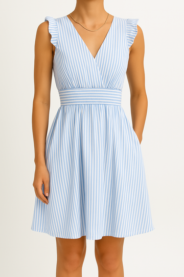 V-Neck Sleeveless A-Line Dress with Ruffle Shoulders