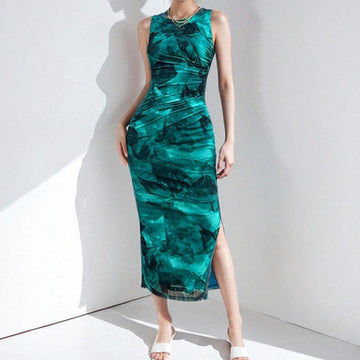 Abstract Print Sleeveless Midi Bodycon Dress
