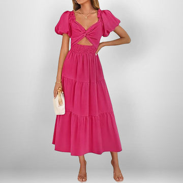 Twisted Knot Bust Puff Sleeve Tiered Midi Dress