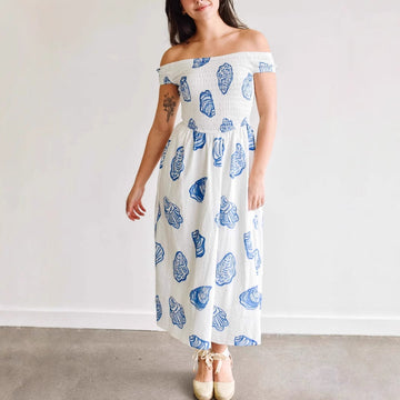 Shell Print Smocked Bodice Off-Shoulder Midi Dress